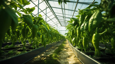 Growing organic green peppers in a greenhouse. Healthy vegetables concept. Generative AI.の素材