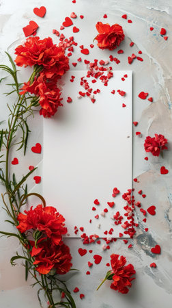 Blank paper card mockup with red flowers and heart-shaped confetti. Luxury greeting card design concept. Generative AI.の素材