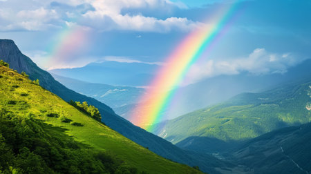 Beautiful rainbow in green mountain valley with green hills with copy space. Ecotourism concept. Generative AI.の素材
