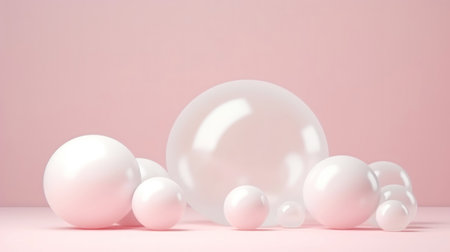 3D pink spheres of different sizes and transparency. Pastel color palette. Abstract background. Generative AI.の素材