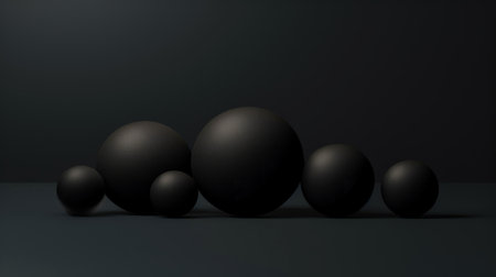 3D black matte spheres of different sizes and transparency. Dark color palette. Abstract background. Generative AI.の素材
