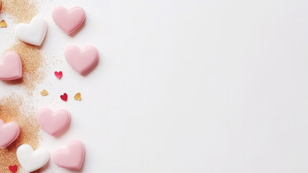 Aesthetic white and gold hearts on light background. Minimalist love concept. Copy space. Generative AI.の素材