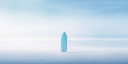 Surf board stand in a white beach sand on a sea coast. White mist, loneliness concept. Generative AI.の素材