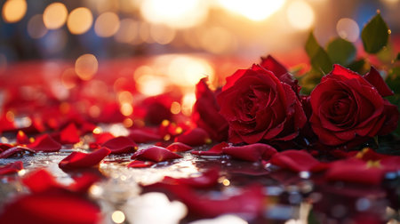 Close up of red roses bouquet on blurred sparkling backdrop. Love romantic concept. Valentine's day. Generative AI.の素材