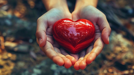 Close up of hands holding red heart. Love hope charity concept. Valentines day background. Copy space. Generative AI.の素材