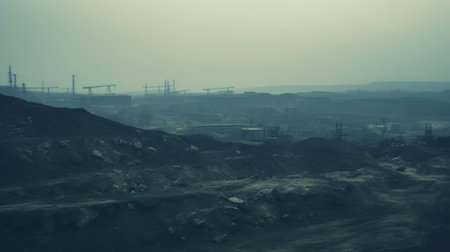 Coal mining industrial landscape. Heavy pollution, smoke, dust, ruined ecosystem. Generative AI.の素材