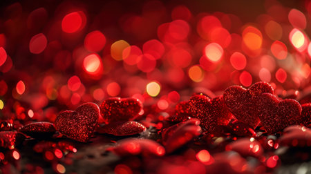 Romantic abstract glitter background with red sparkling hearts. Bokeh backdrop. Valentine's day concept. Generative AI.の素材