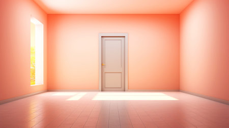 Peach fizz colored interior, empty room with door, lots of sunlight. Minimalistic contemporary concept. Generative AI.の素材
