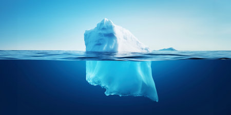 White Iceberg floating in clear blue water sea, under and above water view. Global Warming Concept. Generative AI.の素材
