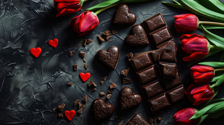 Valentines day dark background. Chocolate hearts and red tulips. Copy space. Love and concept. Generative AI.の素材