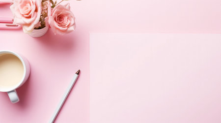 Top view of work desk with notepad, office supplies, flowers and creative clutter. Pink girlish background. Generative AI.の素材
