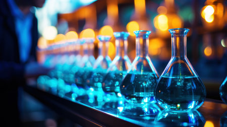 Close up of chemical glass flasks. Scientist in a white coat on laboratory backdrop. Genetic Engineering. Generative AI.の素材