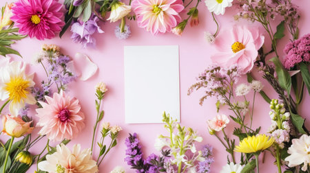 Blank paper card mockup with plenty of spring flowers on pink background. Design greeting card concept. Generative AI.の素材