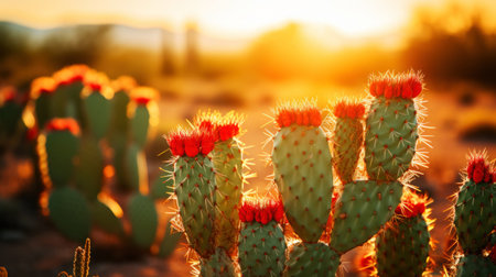 Close-up of different cacti against a desert background. Sweltering heat. Desert landscape. Generative AI.の素材