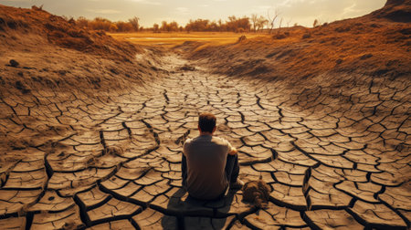 Man sits on cracked ground near dry river. Back view. Drought concept. Water crisis and arid environment. Generative AI.の素材