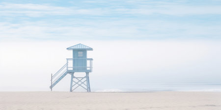 Lifeguard Tower in a white mist on a beach of seaside. Lonely landscape with watchtower. Generative AI.の素材