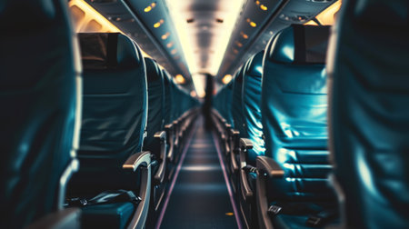 Close-up of a row of leather seats in an airplane cabin. Business trip concept. Generative AI.の素材