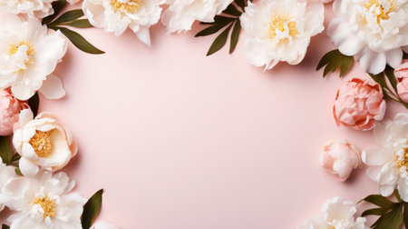 Aesthetic background frame with tender white and pink peonies. Copy space. Invitation or greeting concept. Generative AI.の素材