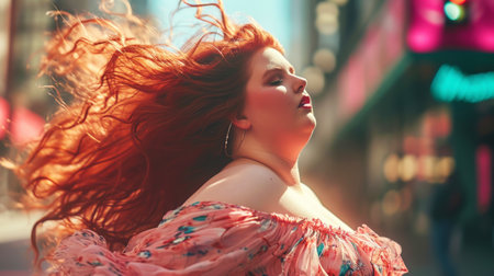 Beautiful happy plus size girl dancing on the street with flying hair. Body love concept. Generative AI.の素材