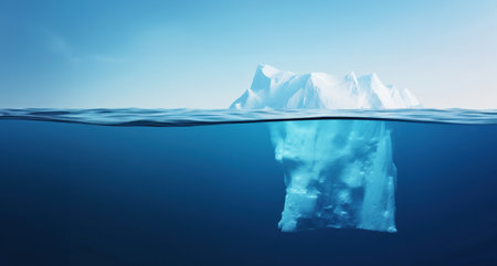 White Iceberg floating in clear blue water sea, under and above water view. Global Warming Concept. Generative AI.の素材