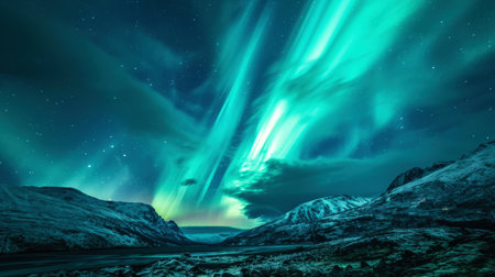 Spectacular aurora borealis (northern lights) in the snowy mountains. Winter landscape night scenery. Generative AI.の素材