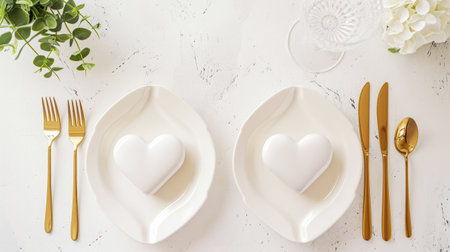 Aesthetically decorated table with heart-shaped plates and gold cutlery. Festive concept. Top view. Generative AI.の素材
