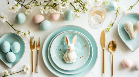 Aesthetically decorated table with easter bunnies, eggs, gold cutlery. Festive Easter concept. Top view. Generative AI.の素材