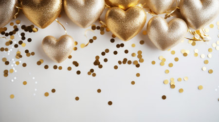 Aesthetic invitation layout with hearts. Festive light golden background. Party concept. Generative AI.の素材