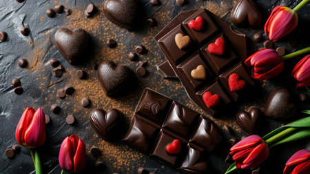 Valentines day dark background. Chocolate hearts and red tulips. Copy space. Love and concept. Generative AI.の素材