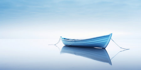 Orange boat in a calm sea waters near a beachline. Calm, tranquil landscape. Generative AI.の素材