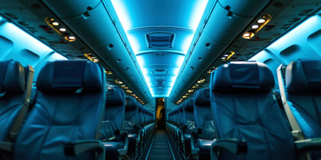 Interior empty cabin of a passenger civil aircraft, illuminated at night. Generative AI.の素材