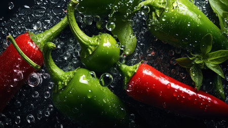 Juicy red hot peppers. Black background. Mediterranean diet. Generative AI.の素材