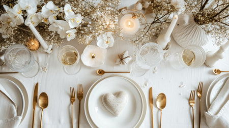 Aesthetically decorated table with heart-shaped plates and gold cutlery. Festive concept. Top view. Generative AI.の素材