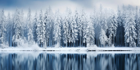 Rows of pines in snow on the lake edge. Serene winter landscape. Generative AI.の素材