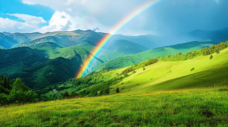 Beautiful rainbow in green mountain valley with green hills with copy space. Ecotourism concept. Generative AI.の素材