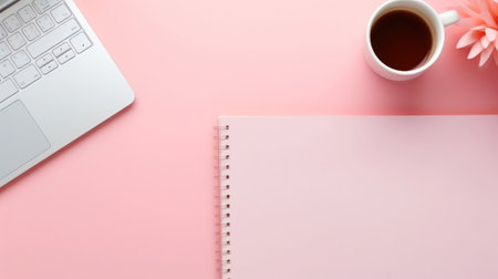 Top view of work desk with notepad, office supplies, flowers and creative clutter. Pink girlish background. Generative AI.の素材