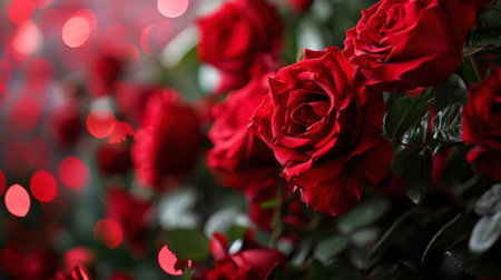 Close up of red roses bouquet on blurred sparkling backdrop. Love romantic concept. Valentine's day. Generative AI.の素材