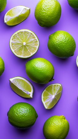 Fashionable bright pattern of limes. Pastel bright purple background. Minimalist summer food concept. Generative AI.の素材