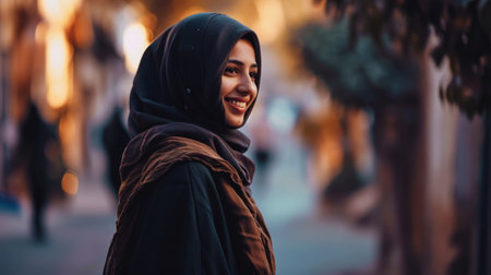 Portrait of young smiling Muslim woman wearing hijab head scarf ...