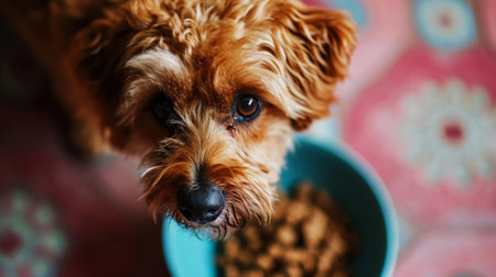 Little cute dog maltipoo feeds from a bowl. Direct look of the dog. Light blue and pink color palette. Generative AI.の素材