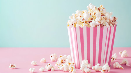 Delicious popcorn scattering from pink striped cardboard box on pastel light background. Copy space. Generative AI.の素材