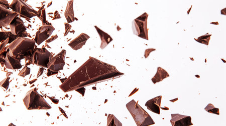 Splash of delicious broken pieces of dark chocolate. White background. Food concept. Generative AI.の素材