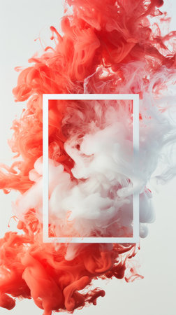 Abstract cloud of silky ink splash, like smoke. White frame, copy space. Pastel red and white colors. Generative AI.の素材