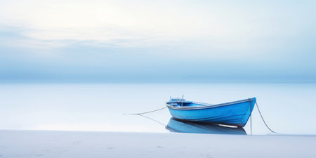 Orange boat in a calm sea waters near a beachline. Calm, tranquil landscape. Generative AI.の素材