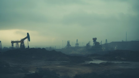 Oil drill industrial heavy polluted landscape. Ecology concept. Generative AI.の素材