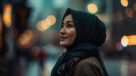 Portrait of young smiling Muslim woman wearing hijab head scarf. Blurred backdrop. Generative AI.の素材