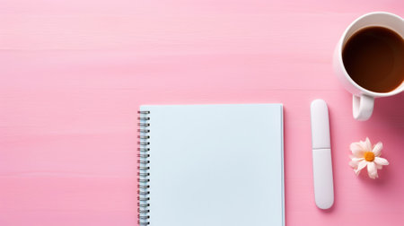 Top view of work desk with notepad, office supplies, flowers and creative clutter. Pink girlish background. Generative AI.の素材