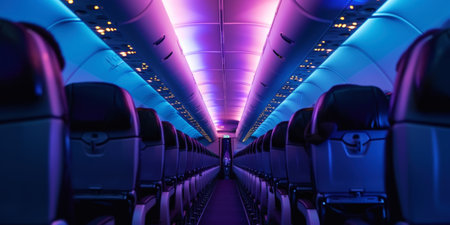 Interior empty cabin of a passenger civil aircraft, illuminated at night. Generative AI.の素材
