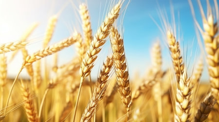 Close up of ripe golden wheat ears, field of wheat in a summer day, sun flare. Harvesting period. Generative AI.の素材