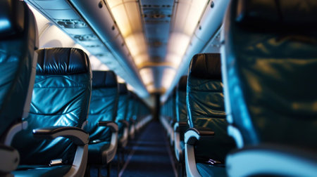 Close-up of a row of leather seats in an airplane cabin. Business trip concept. Generative AI.の素材
